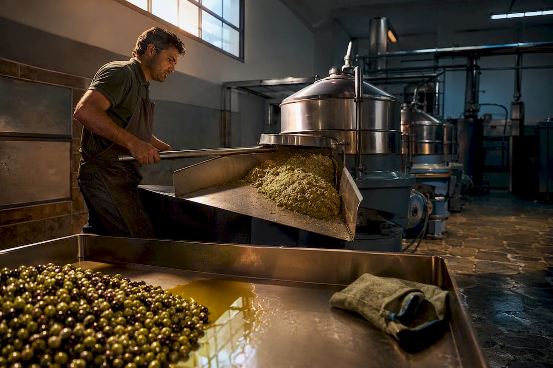 Olive paste moving through a modern mill