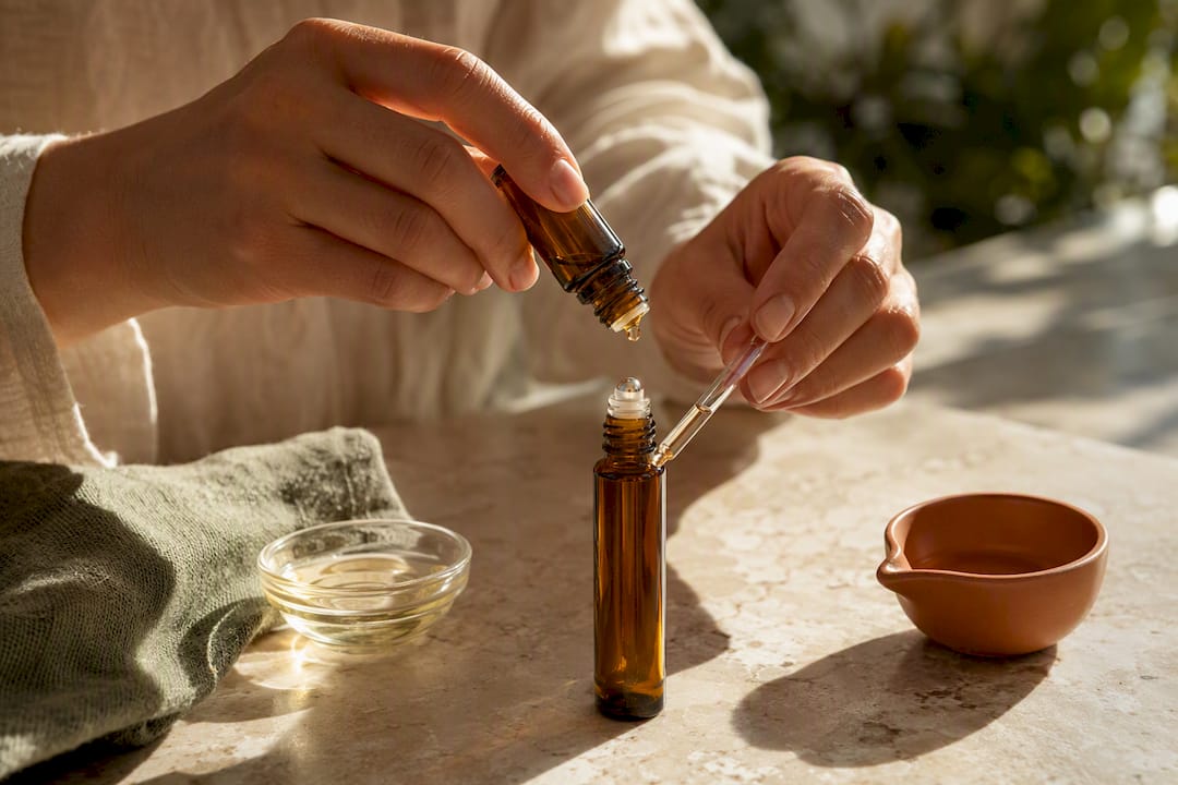 Hands preparing an essential oil roller blend