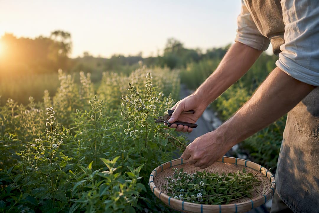 Grower harvesting flowering herbs at dawn