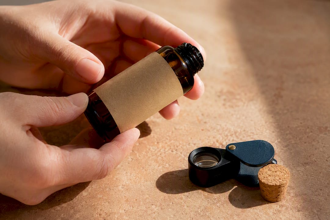 Inspecting an essential oil bottle label