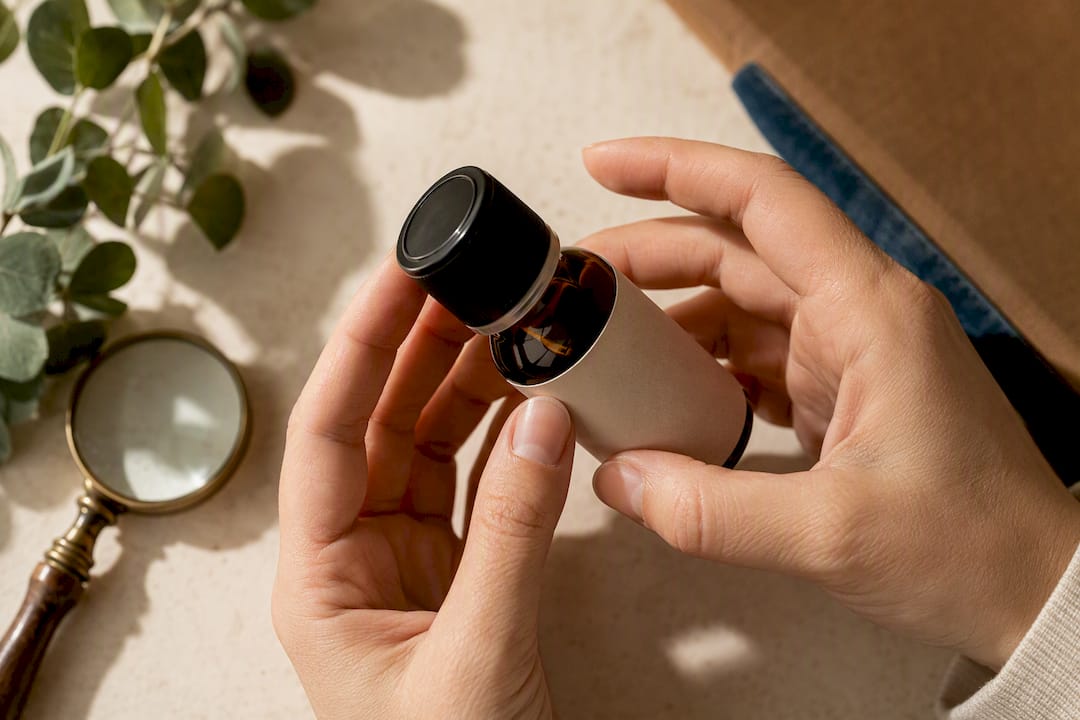 Hands inspecting essential oil bottle label