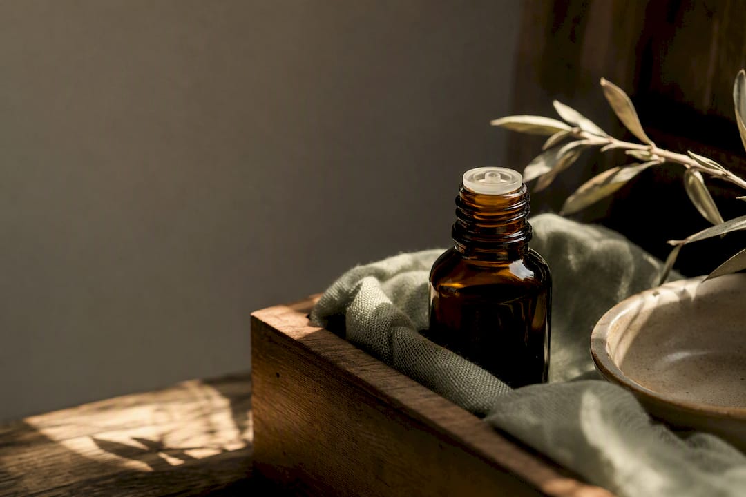 Partial amber bottle in a storage drawer