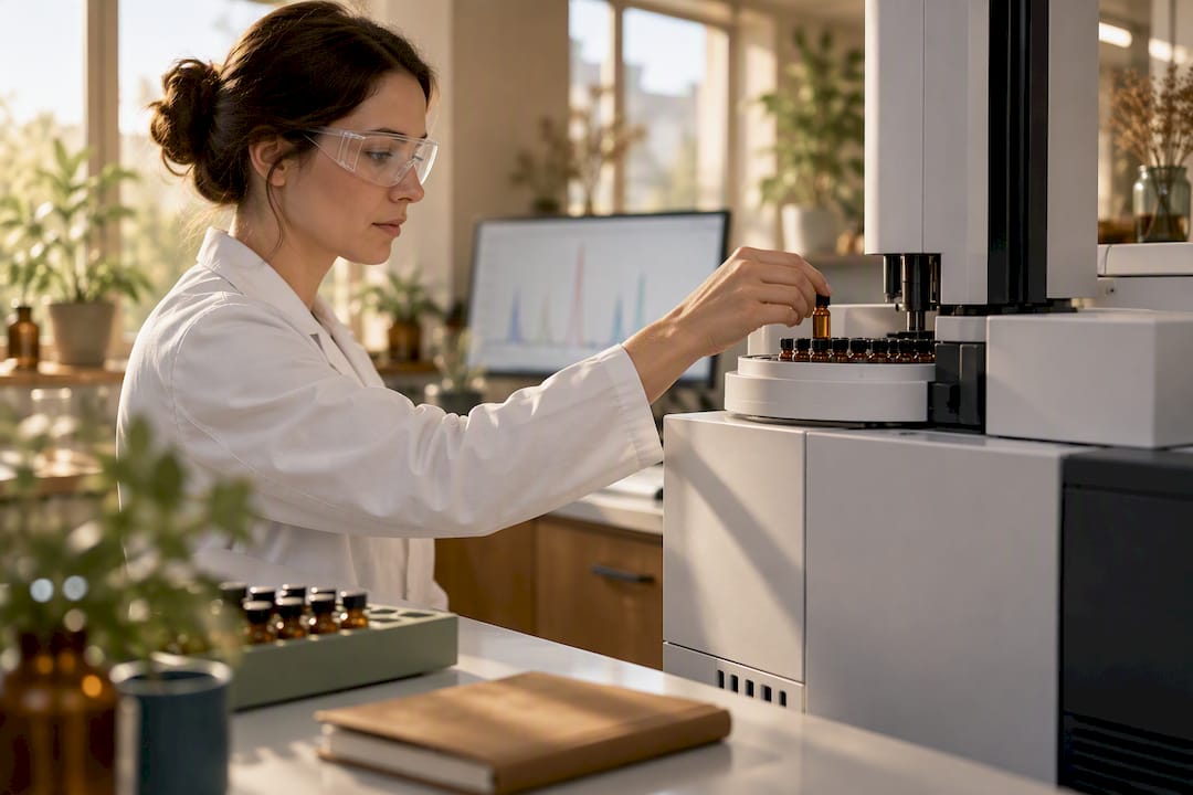 Analyst preparing essential oil GC/MS testing