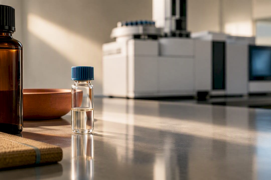 Essential oil sample beside analytical instrument