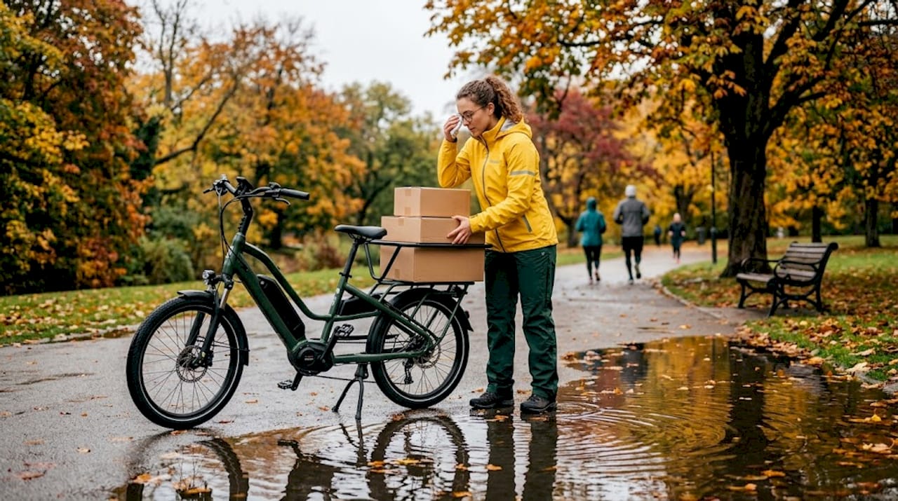 Woman unloading cargo e-bike for deliveries