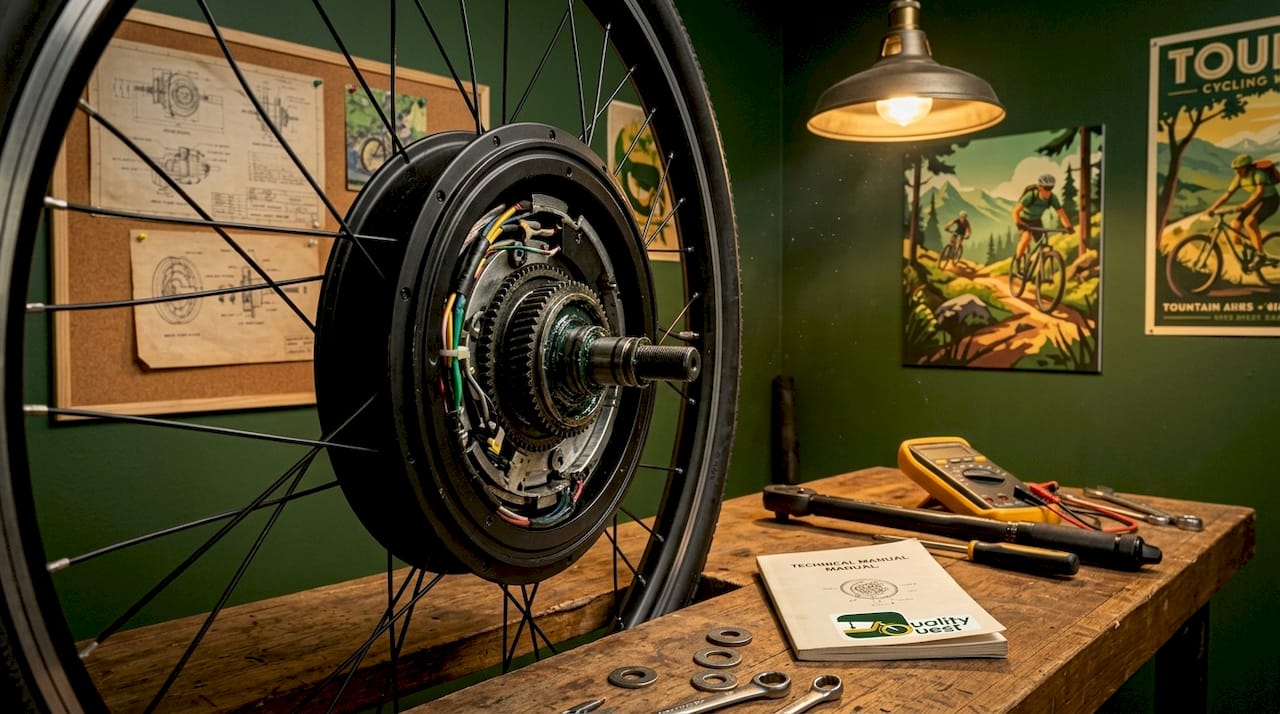 Close-up electric trike rear hub motor and tools