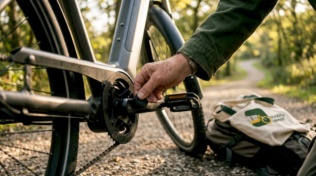 Close-up of senior hand on e-bike torque sensor pedal