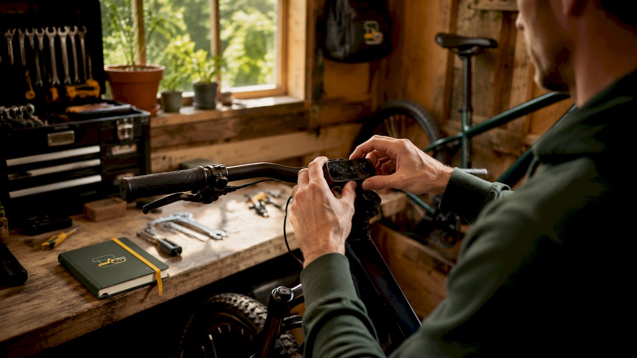 Hands adjusting e-bike pedal assist sensors