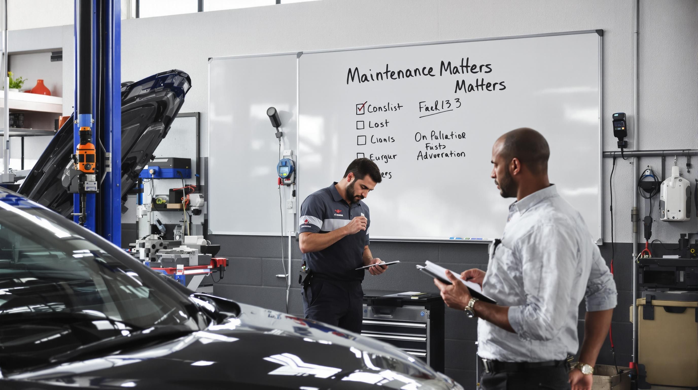 Mechanic and car owner during tire inspection in a garage