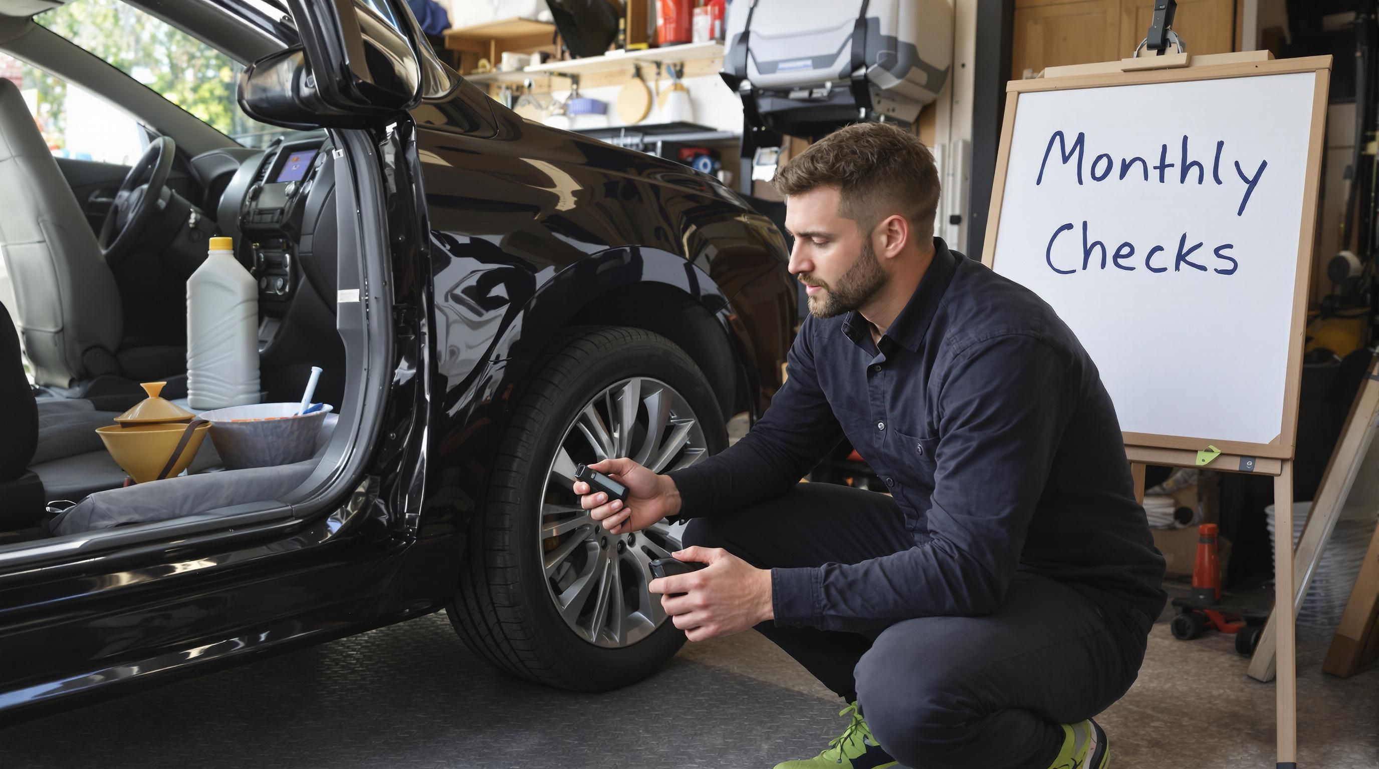 Driver checking tire pressure in garage with 'Monthly Checks' on whiteboard