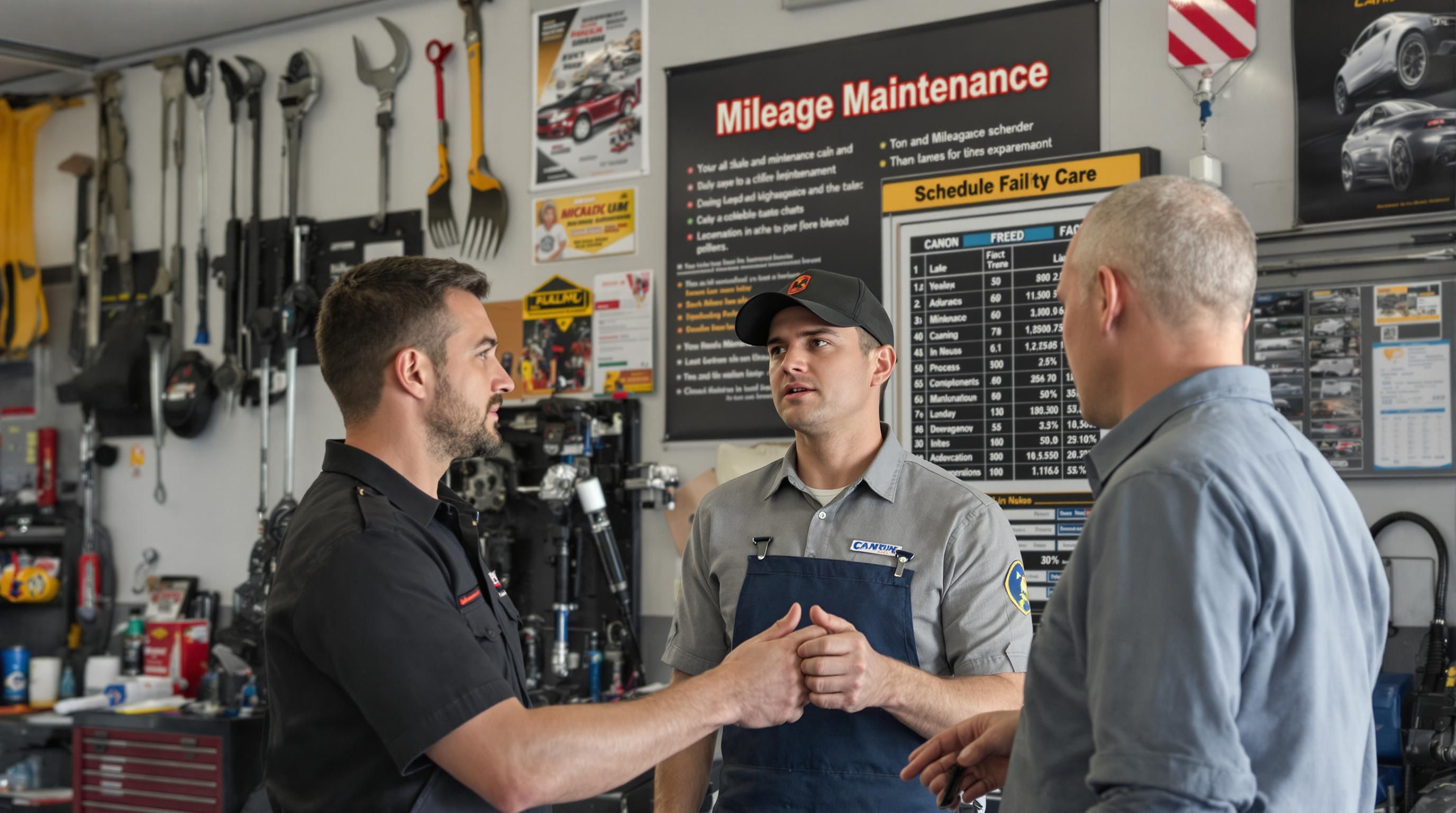 Mechanic and owner collaborate on vehicle inspection with maintenance chart visible