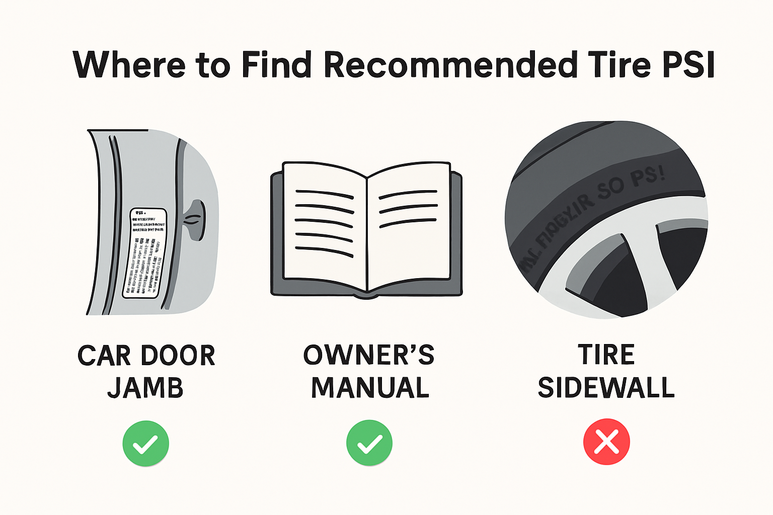 Infographic showing locations for recommended tire pressure PSI