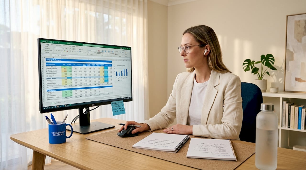 Marketing analyst reviewing data on desktop