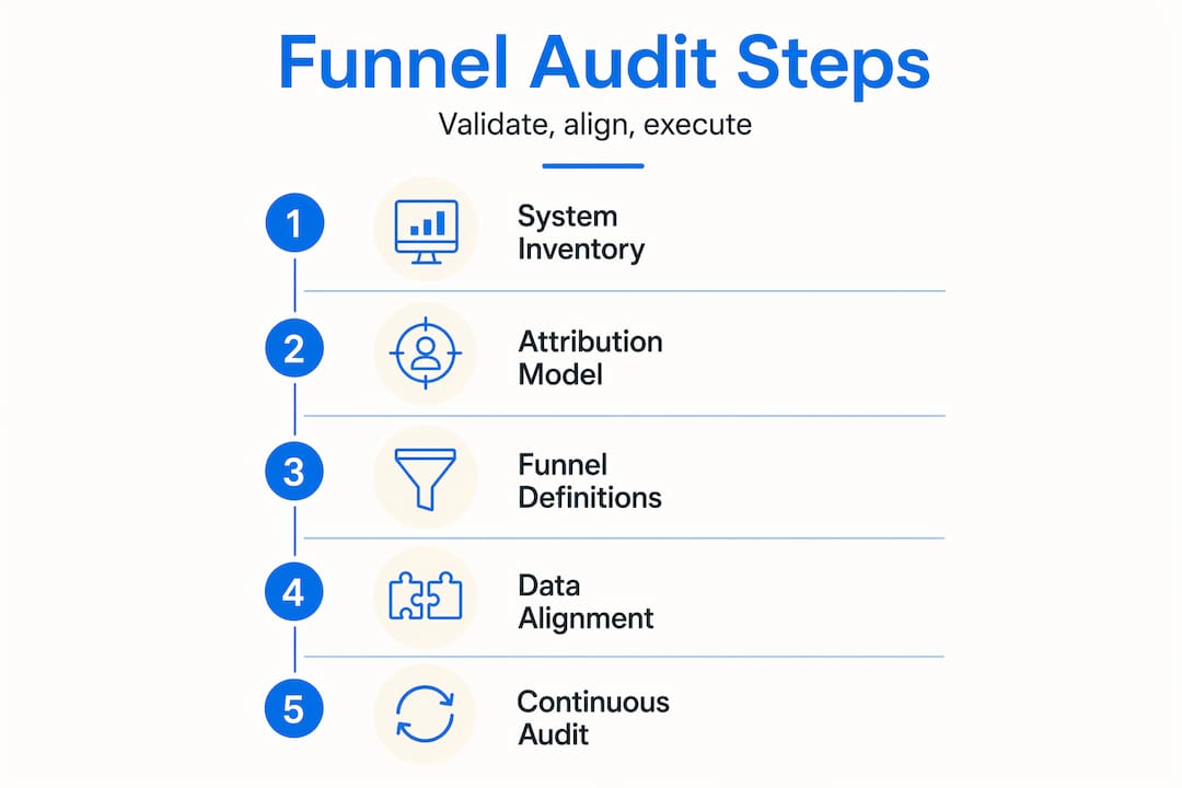 Infographic outlining five marketing funnel audit steps