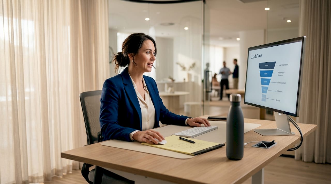 Marketer reviews B2B lead funnel stats at office desk