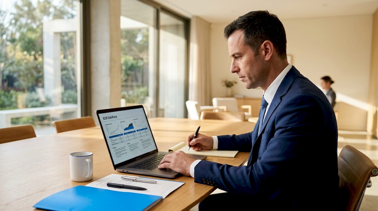 Businessman evaluates B2B solution options