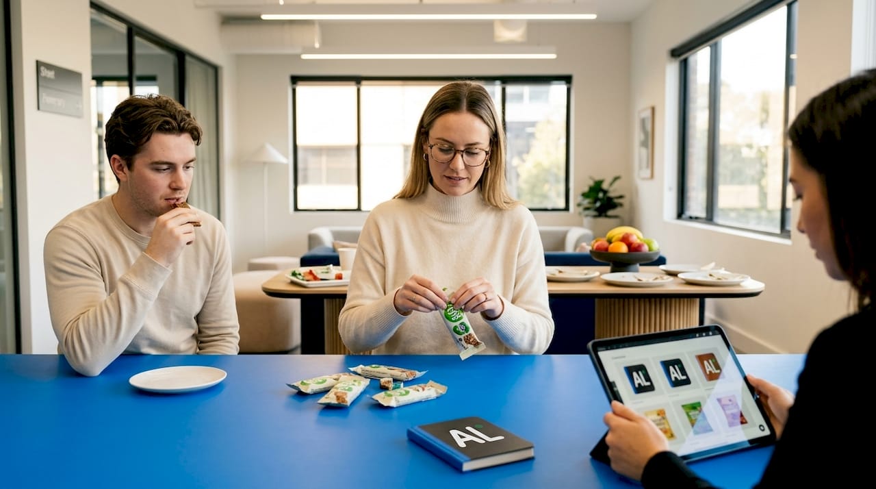 Team taste-testing healthy snacks in office kitchen