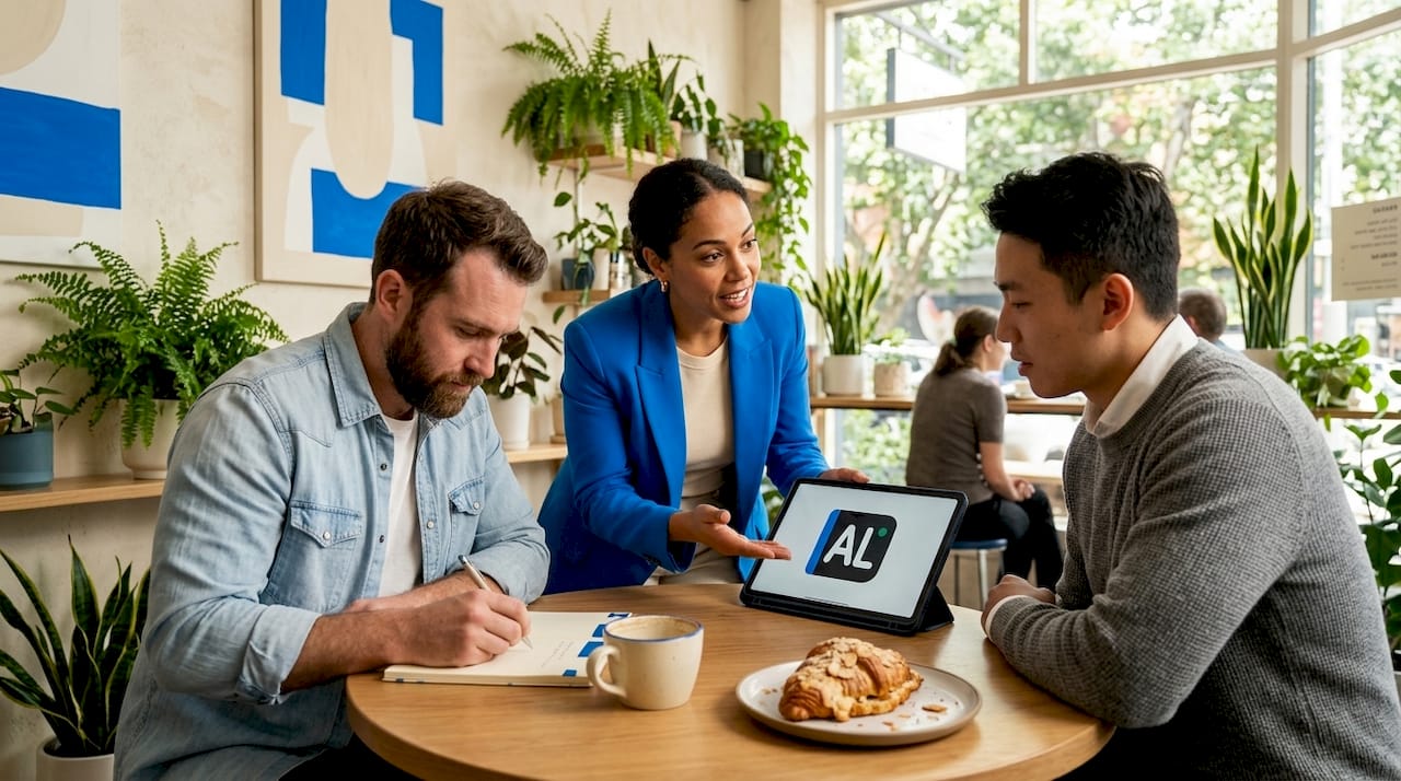 Startup founders in coworking space discussing branding