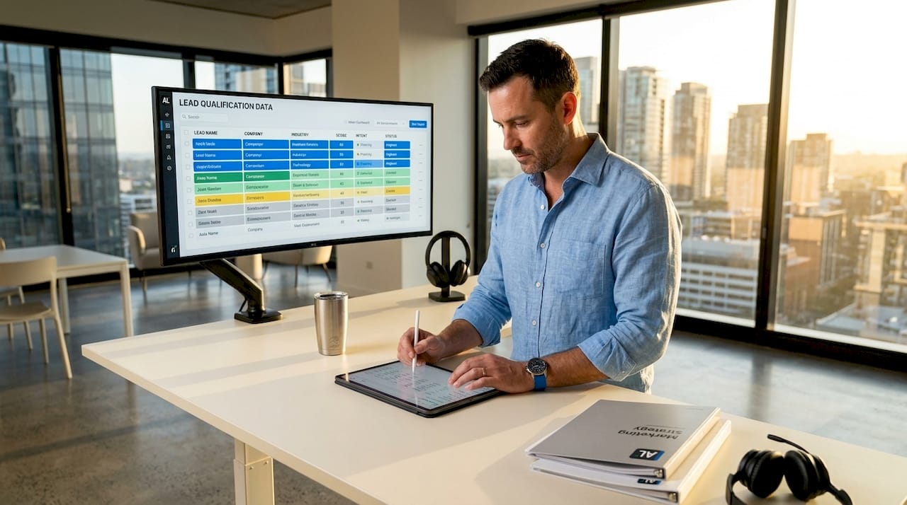 Marketing manager analyzing AI lead scores at desk