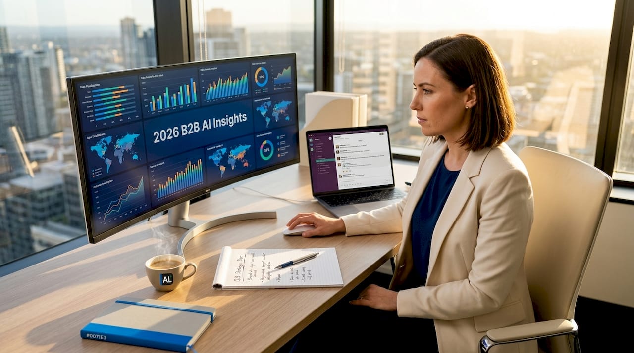 Businesswoman analyzing AI marketing data in office