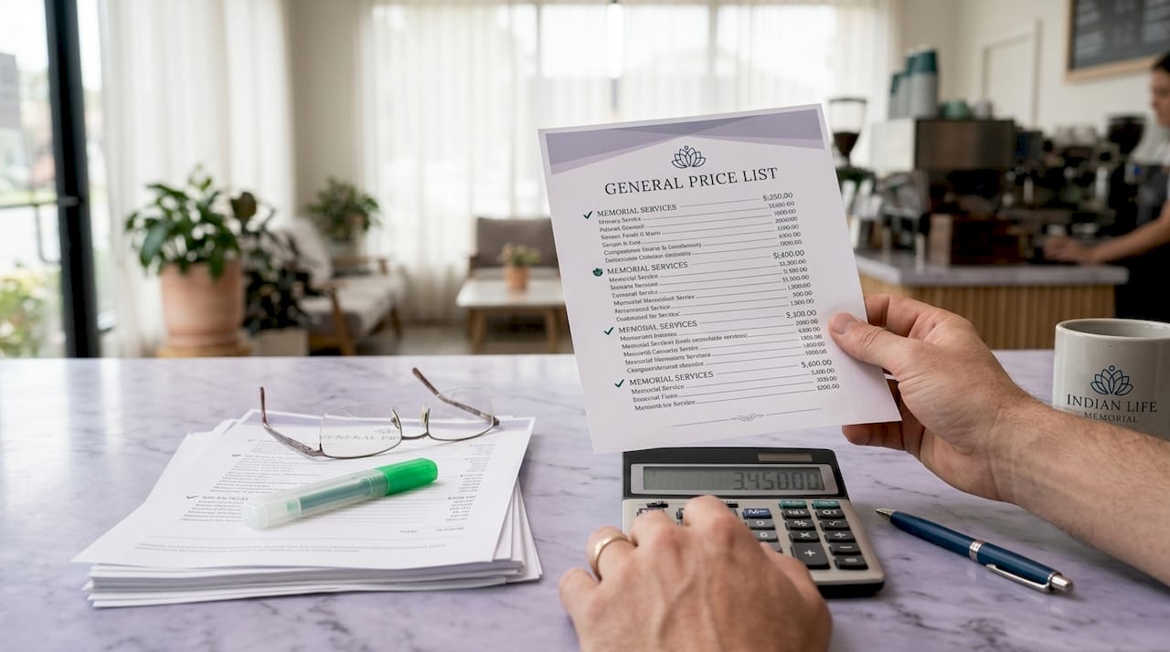 Hands analyzing funeral price list with calculator