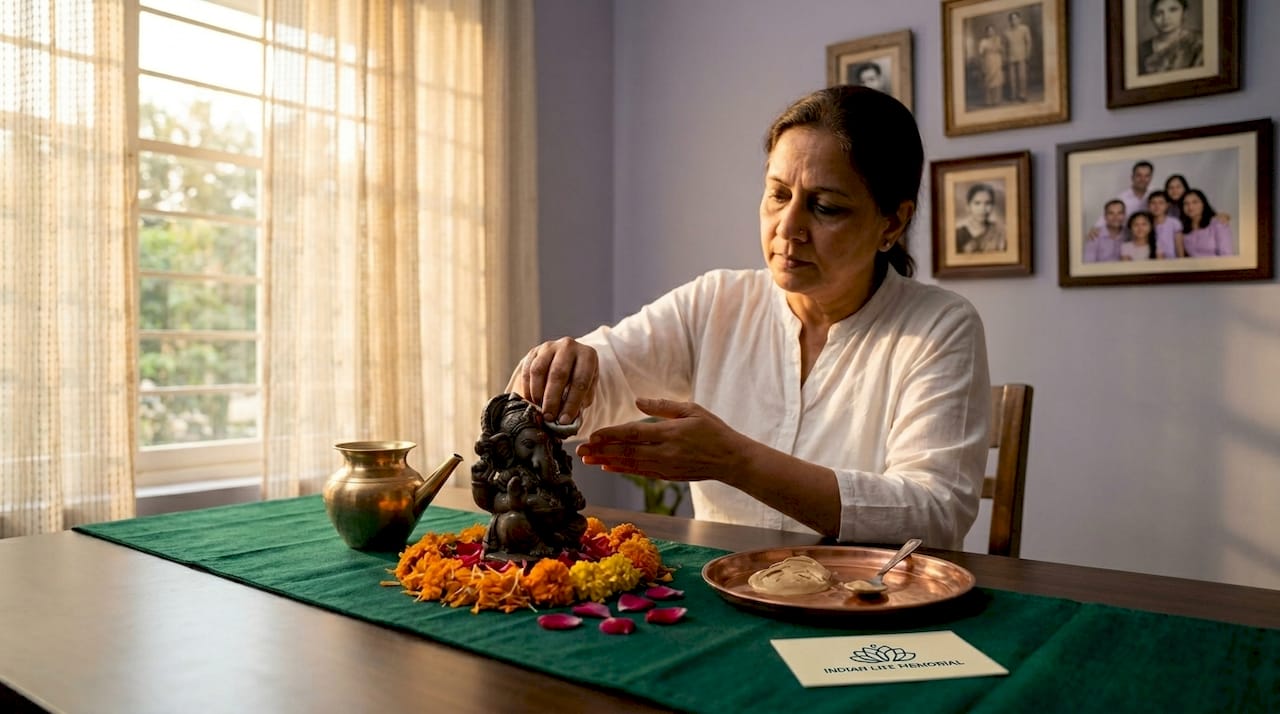 Hands preparing ritual items for Hindu funeral rites