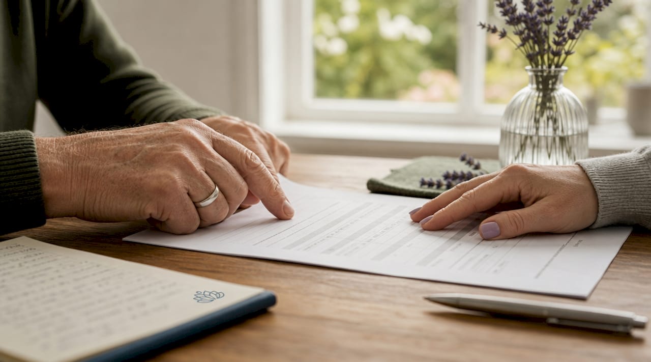 Hands pointing at funeral fees breakdown sheet