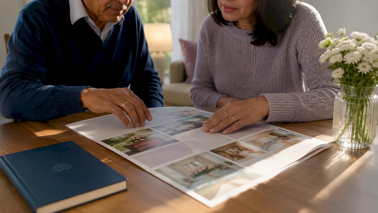 Hands reviewing funeral service brochure