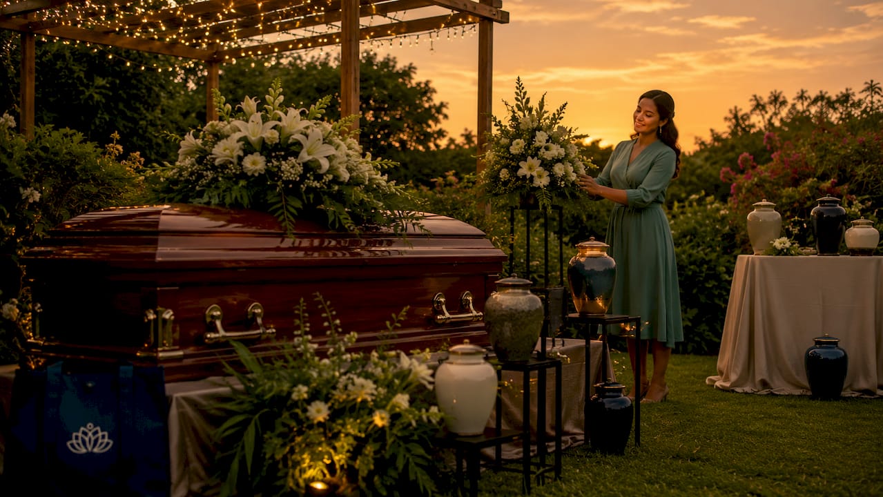Funeral home merchandise display with caskets and urns