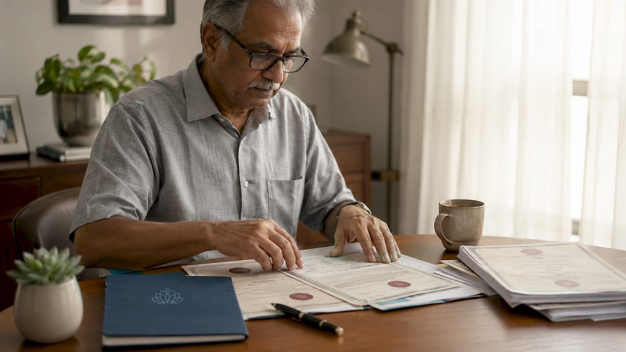 Elderly man preparing certified death certificate copies