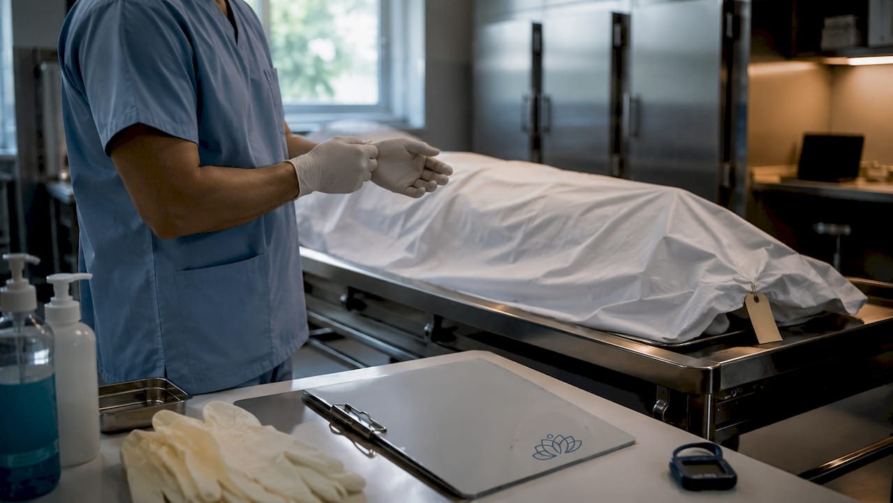 Hospital mortuary technician preparing body transfer trolley