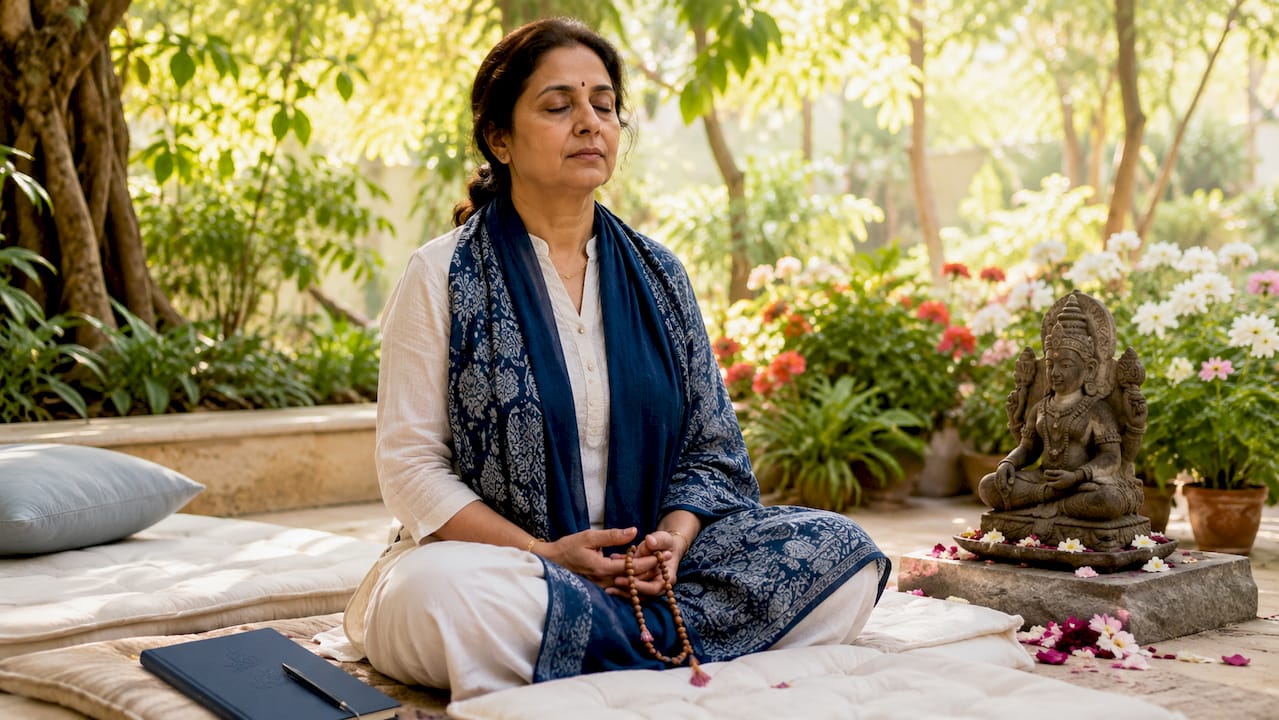 Woman meditating while chanting Hindu mantra with prayer beads
