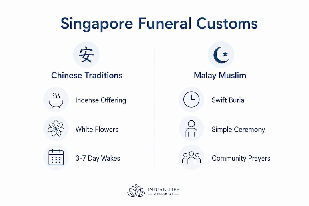 Infographic comparing Chinese and Malay Muslim funeral customs