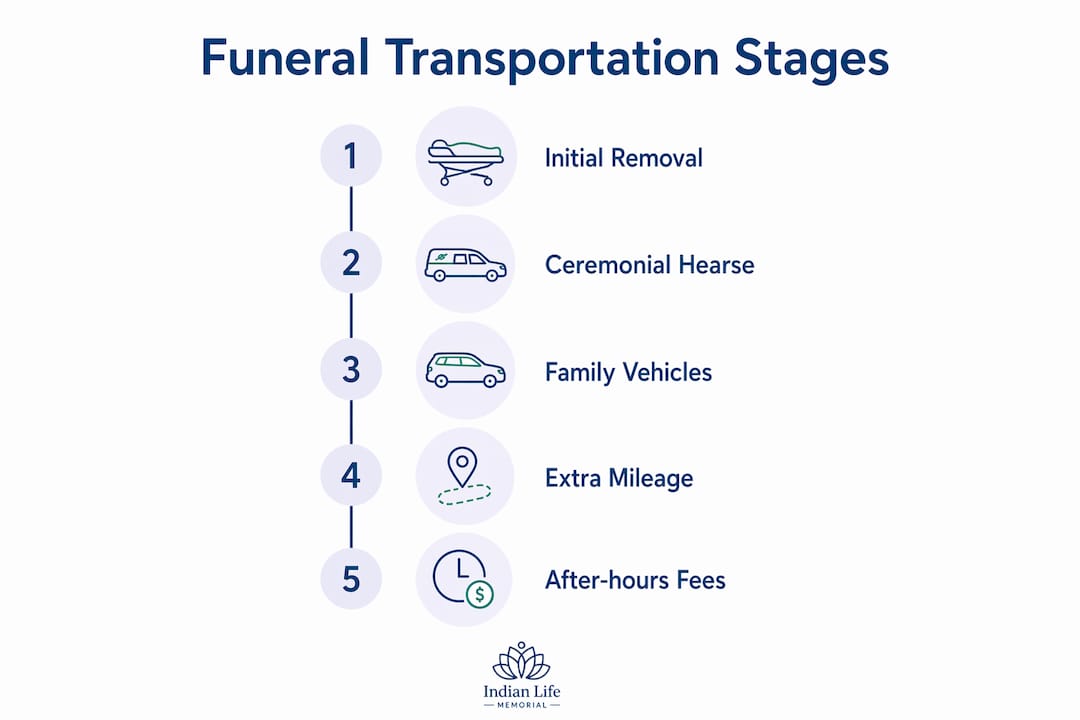 Infographic illustrating funeral transportation stages and fees