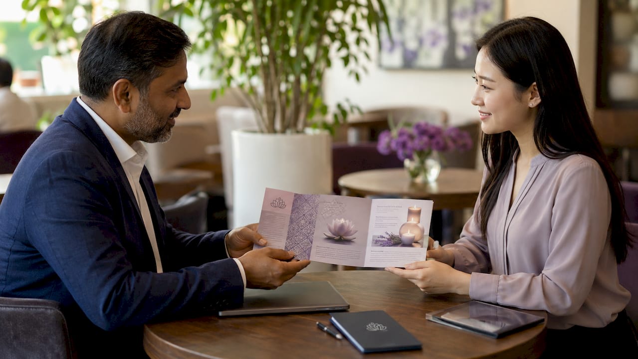 Hands exchanging cremation package brochure