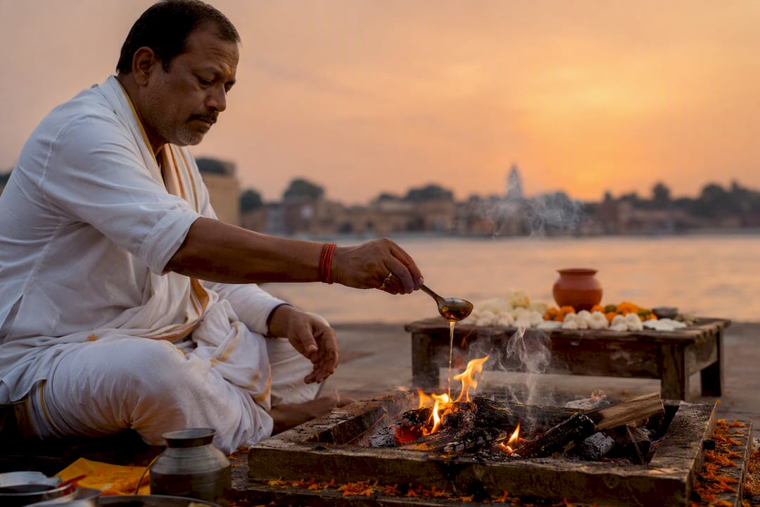 Priest's hands sprinkling ghee on cremation fire