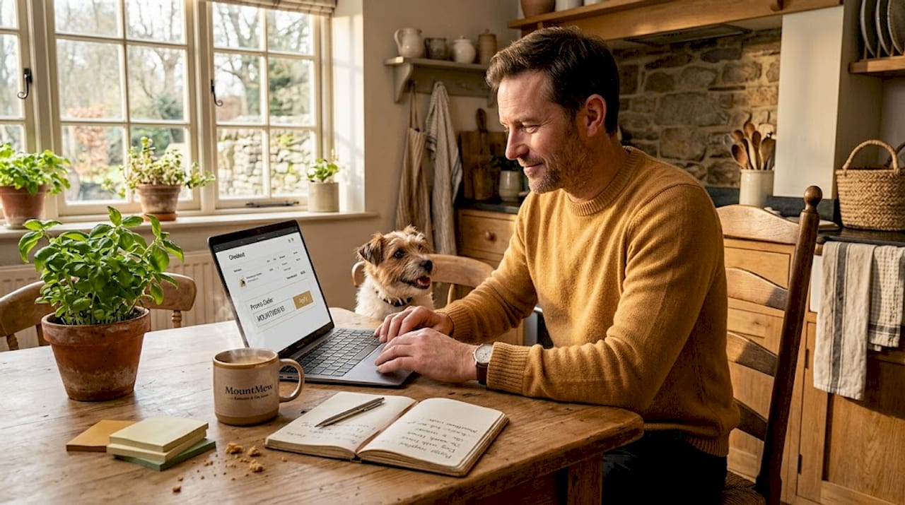 Man entering promo code at home office desk