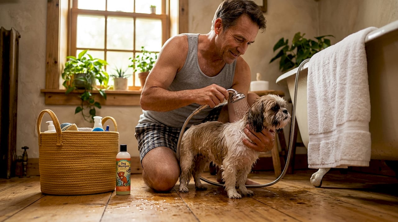 Man bathing small dog in home bathroom