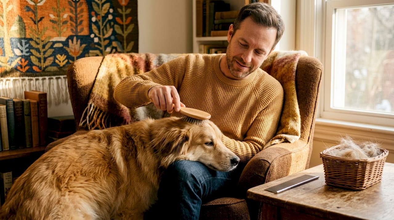 Man brushing dog with slicker brush at home