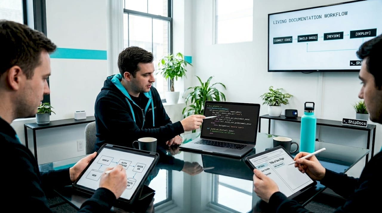 Software team collaborating on living documentation