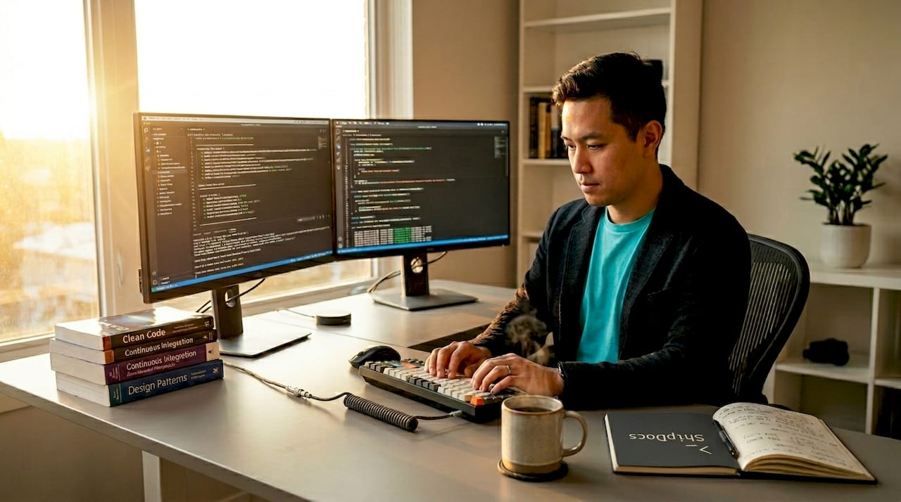 Software developer reviewing test results at home office