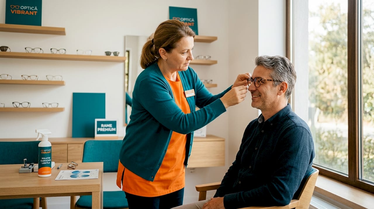 Opticianul ajută un client să își potrivească ochelarii progresivi direct în magazin.