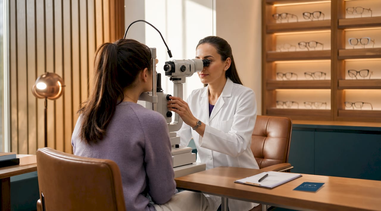 Consultație între optometristă și pacient într-un cabinet de optică din Timișoara