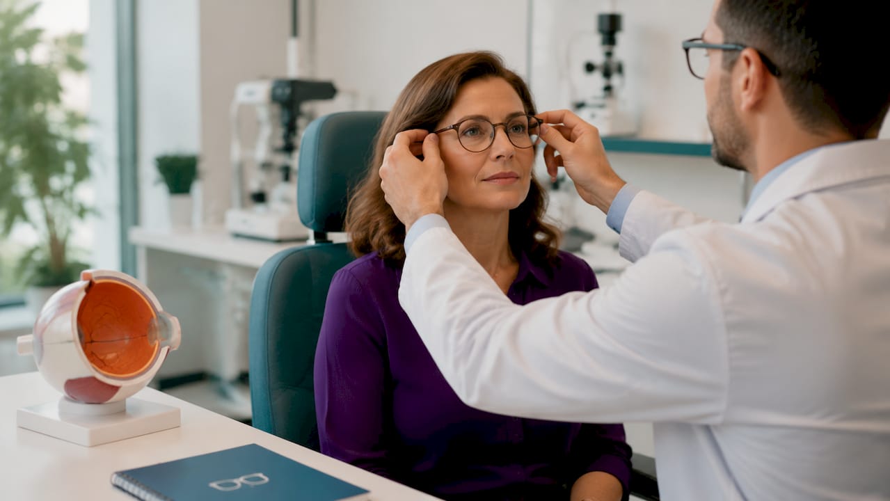 O femeie care poartă ochelari cu lentile progresive se află la control la optometrist.