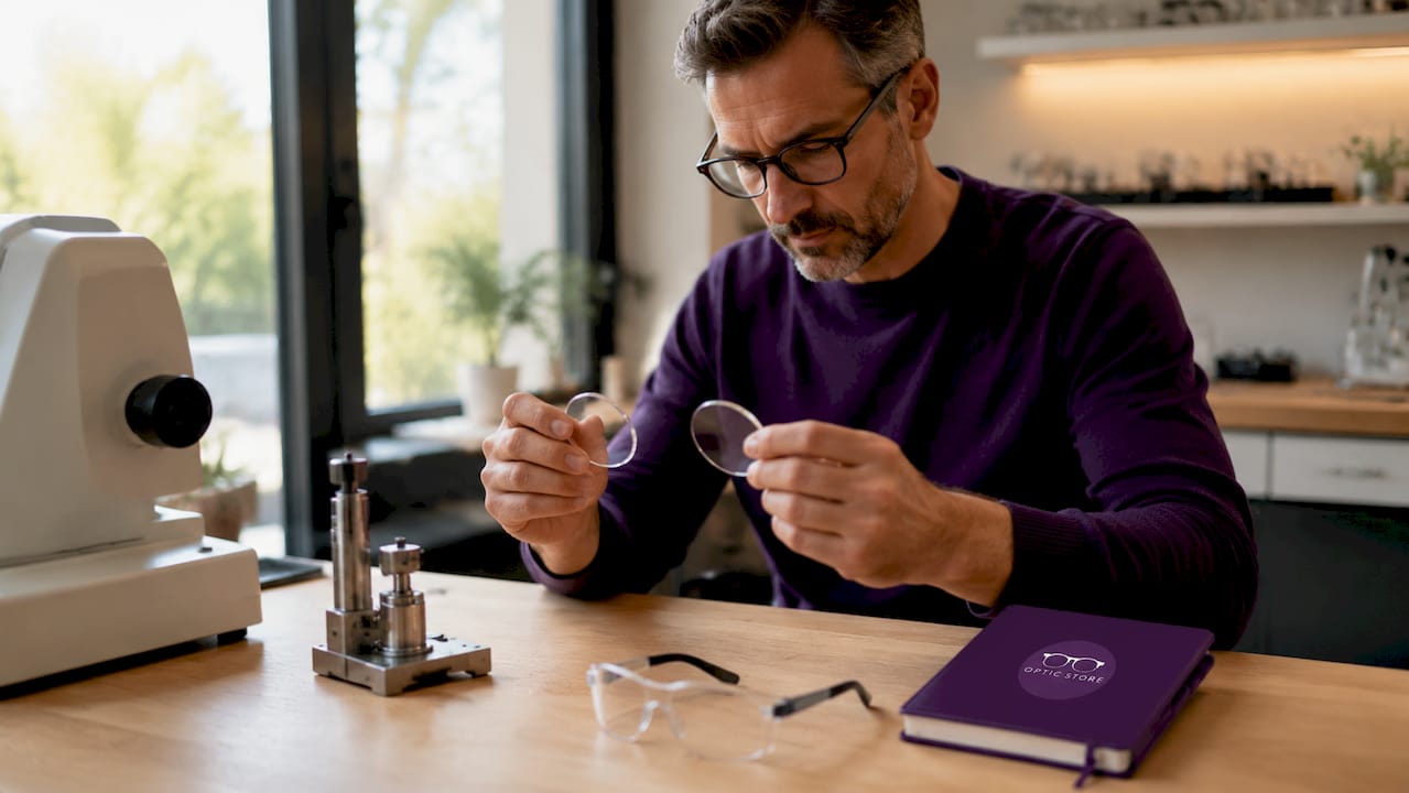 Opticianul analizează cu atenție două lentile foarte subțiri, ținându-le în mâini pentru a le compara.