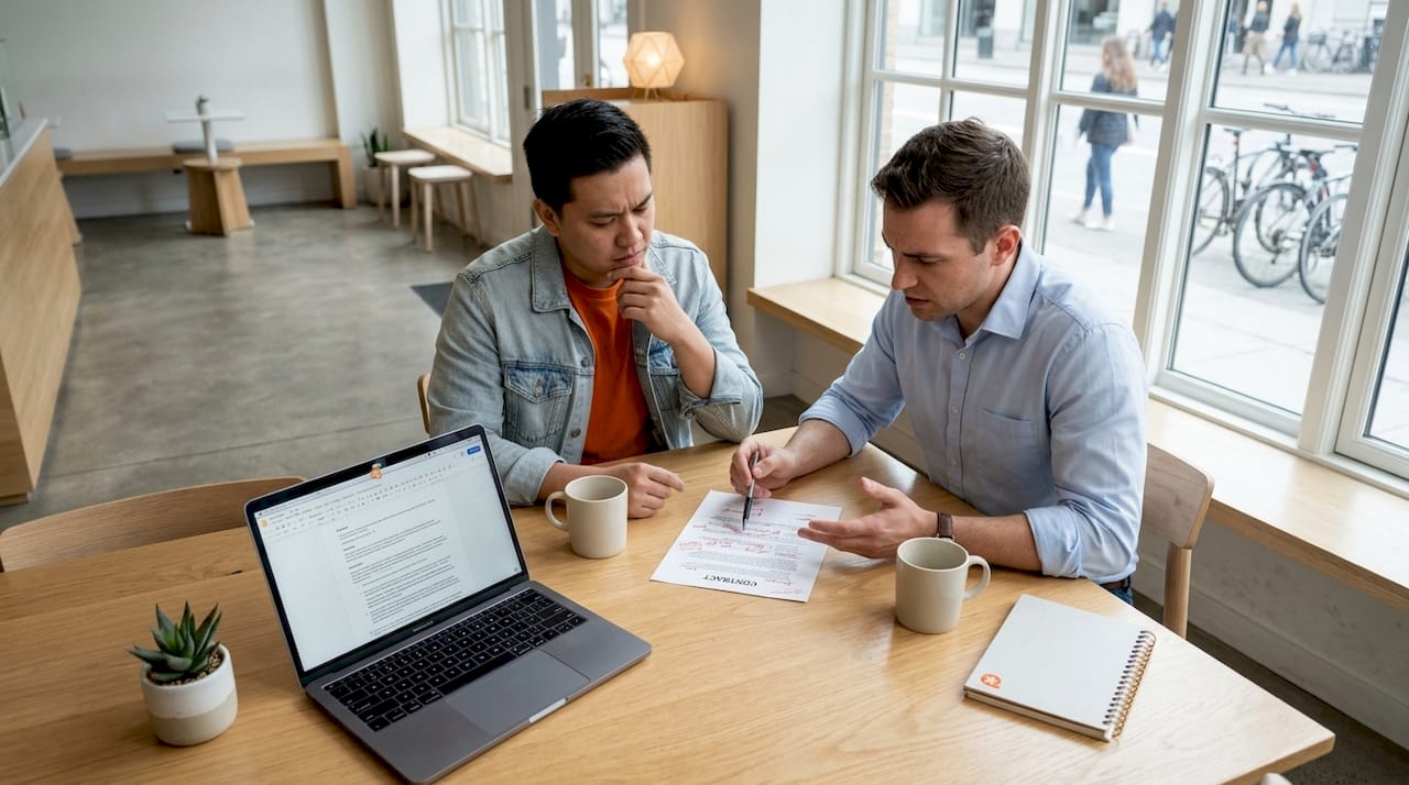 Two freelancers reviewing a confusing contract
