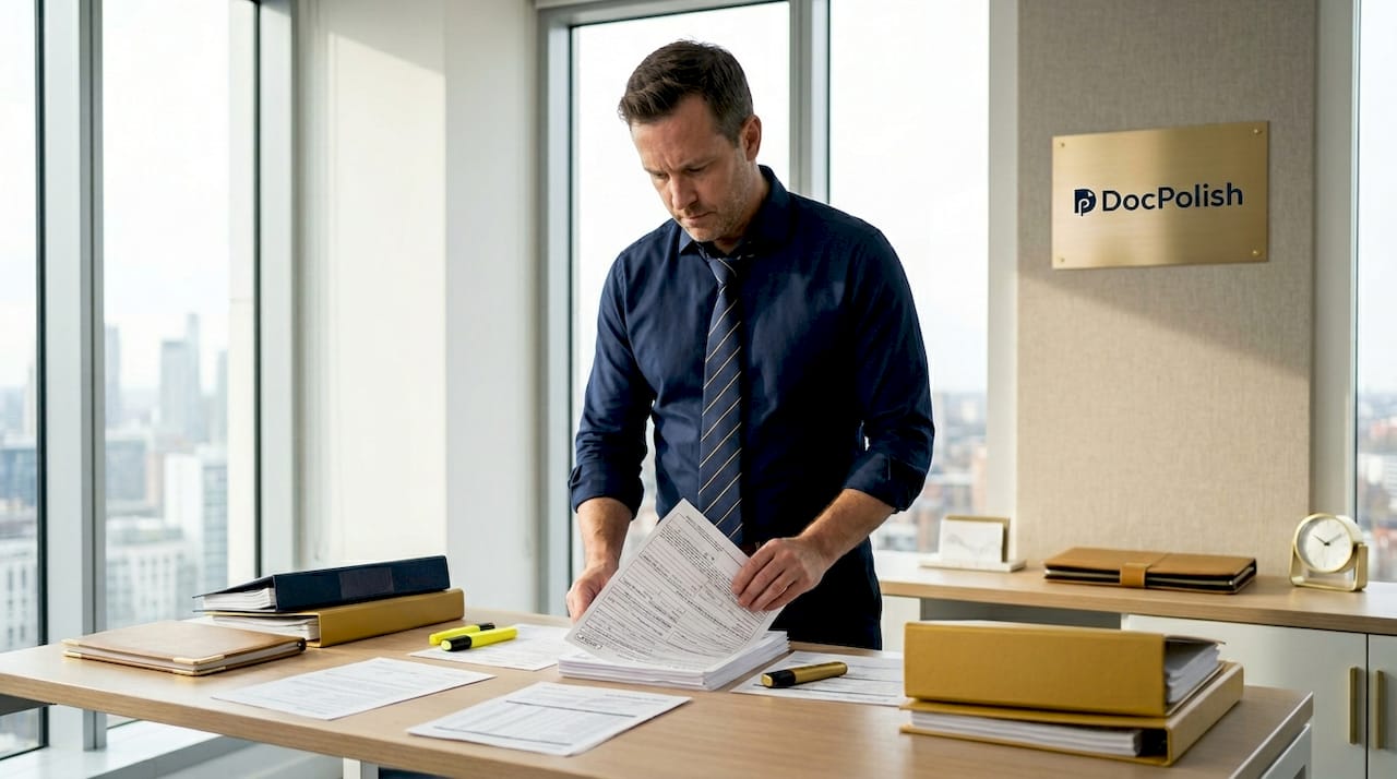 Underwriter handling documents in office setting