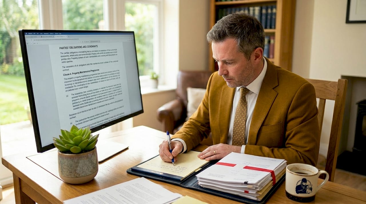Lawyer reviewing contracts at office desk