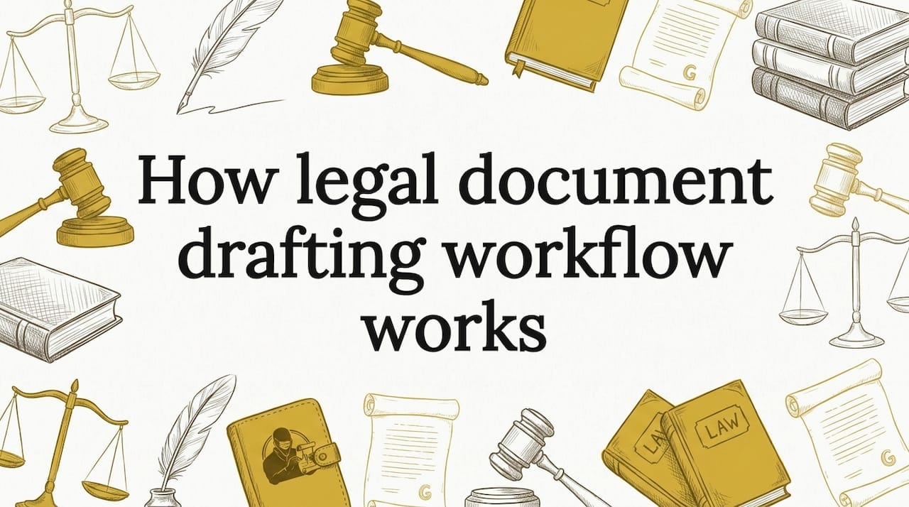 Decorative title card illustration with legal tools
