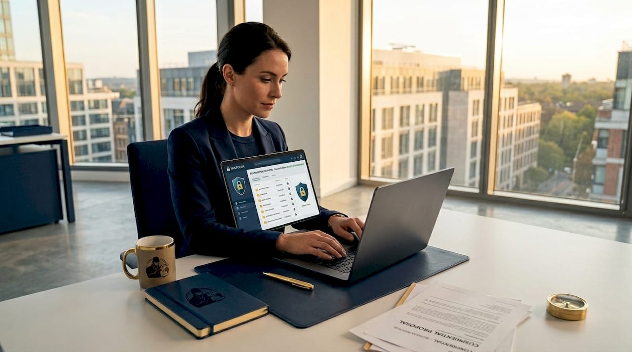 Professional woman editing encrypted document at desk